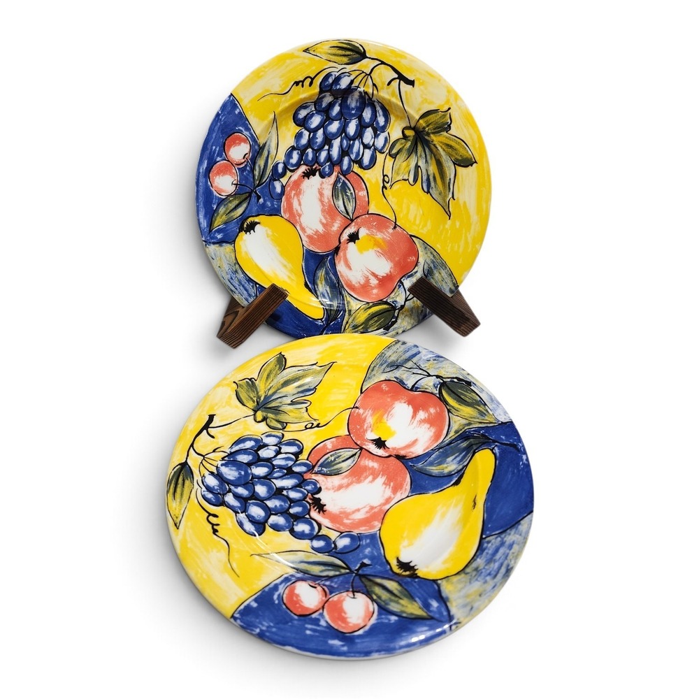 Vintage Pier 1 Italy Fruit Salad Plates Set of 2 Tuscan Hand Painted Yellow Blue